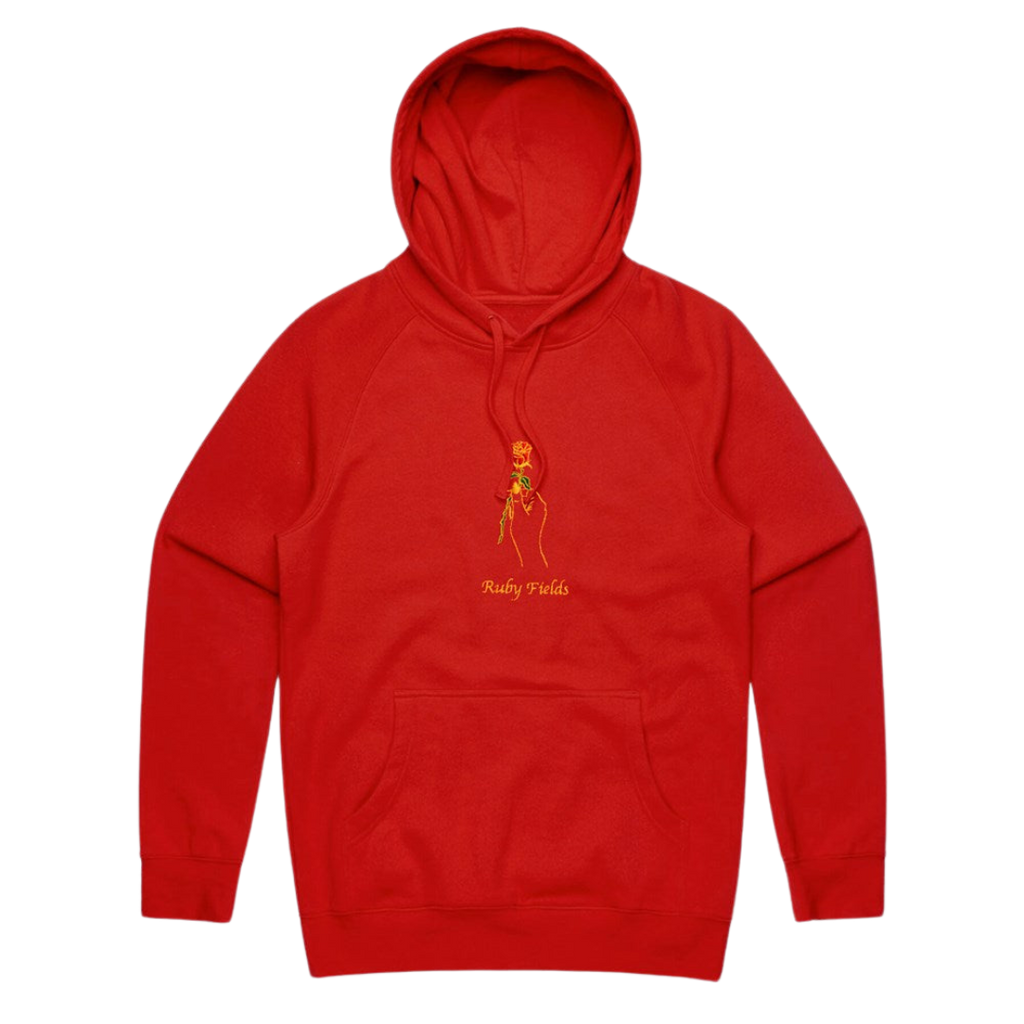 Ruby Fields - Red Rose - Embroidered Red Hoodie Space Mirror Merch