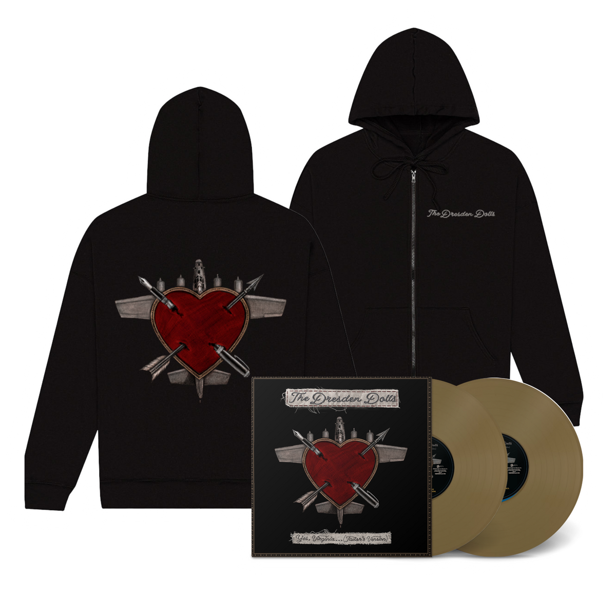 The Dresden Dolls / Yes, Virginia…(Tailor’s Version) Gold Vinyl Album + Heartplane Zip-Up Hoodie - Merch Jungle - Official Dresden Dolls music and merch