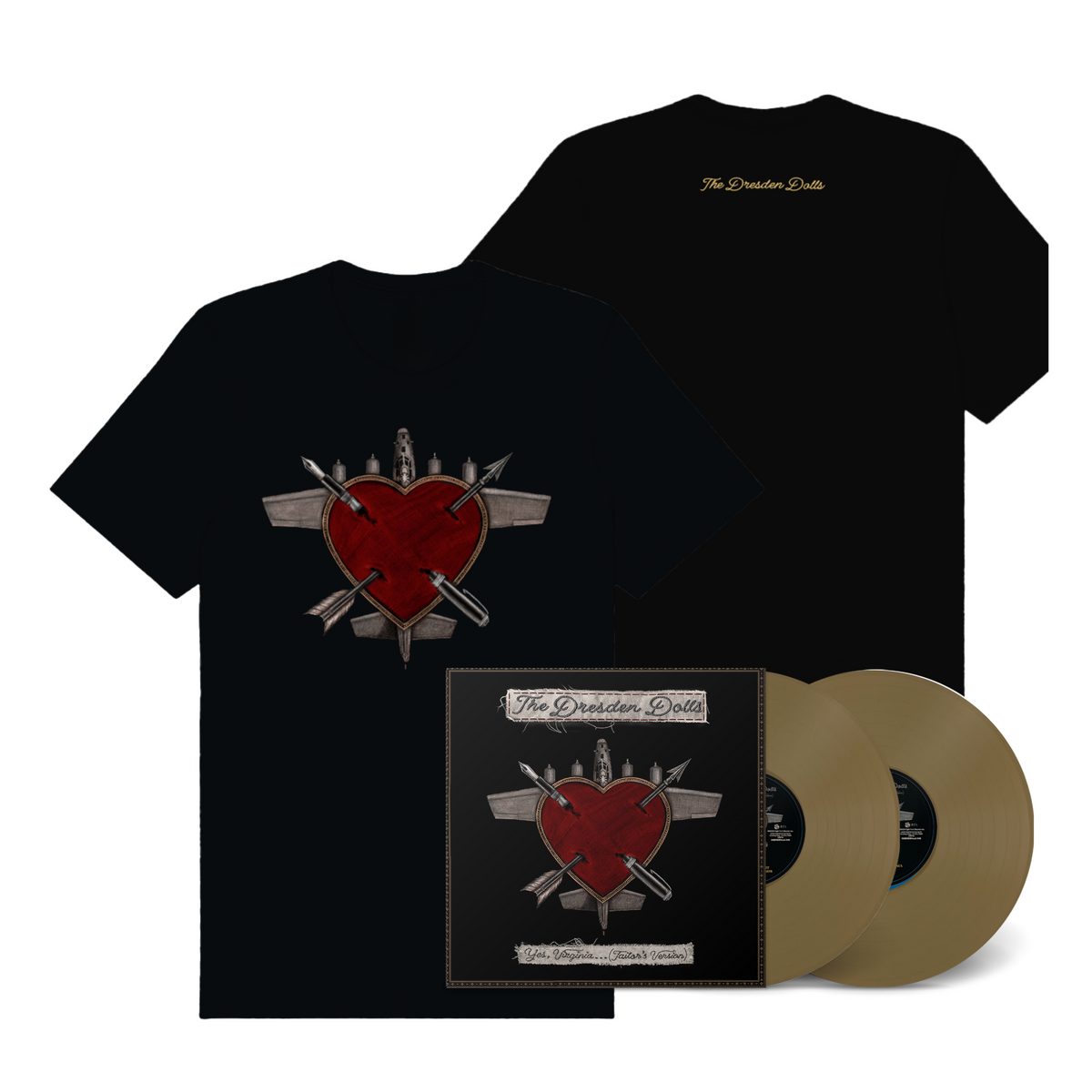 The Dresden Dolls / Yes, Virginia…(Tailor’s Version) Gold Vinyl + Heartplane T-Shirt - Merch Jungle - Official Dresden Dolls music and merch