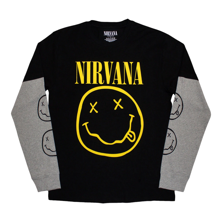 Nirvana / Yellow Happy Face 2 In 1 Layered Long Sleeve T-Shirt (Black & Grey)